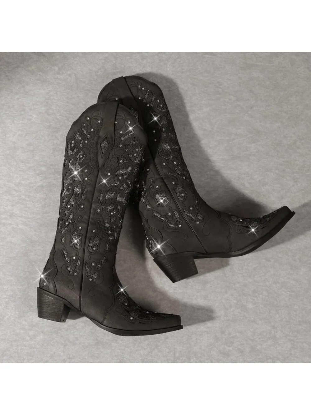 Women's Black Mid Calf Cowgirl Boot Rhinestone Comfortable Chunky Heel Western - Picture 4 of 5